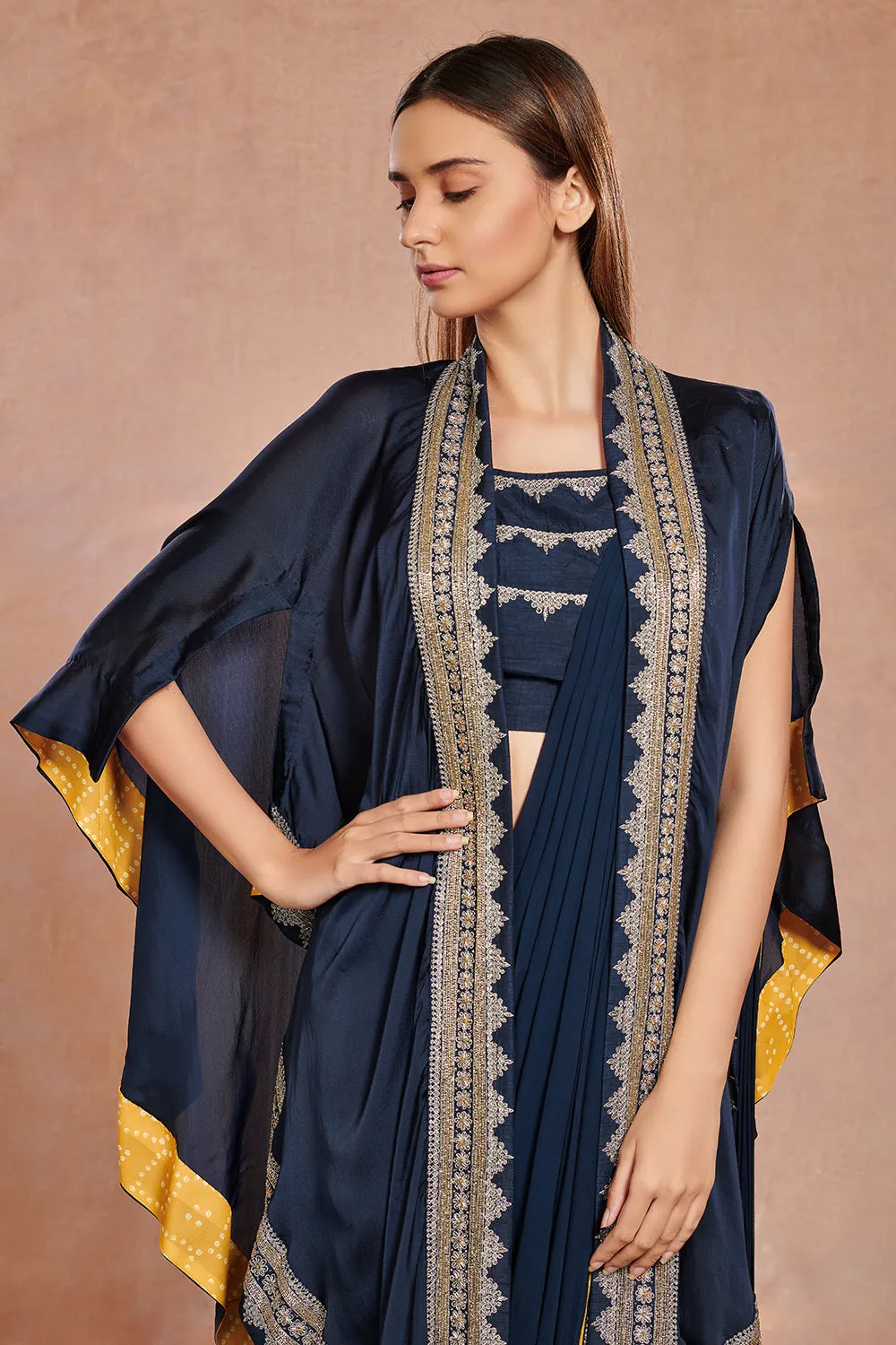 90Z953-RO Navy Blue Drape Saree Set With Slit Sleeved Jacket