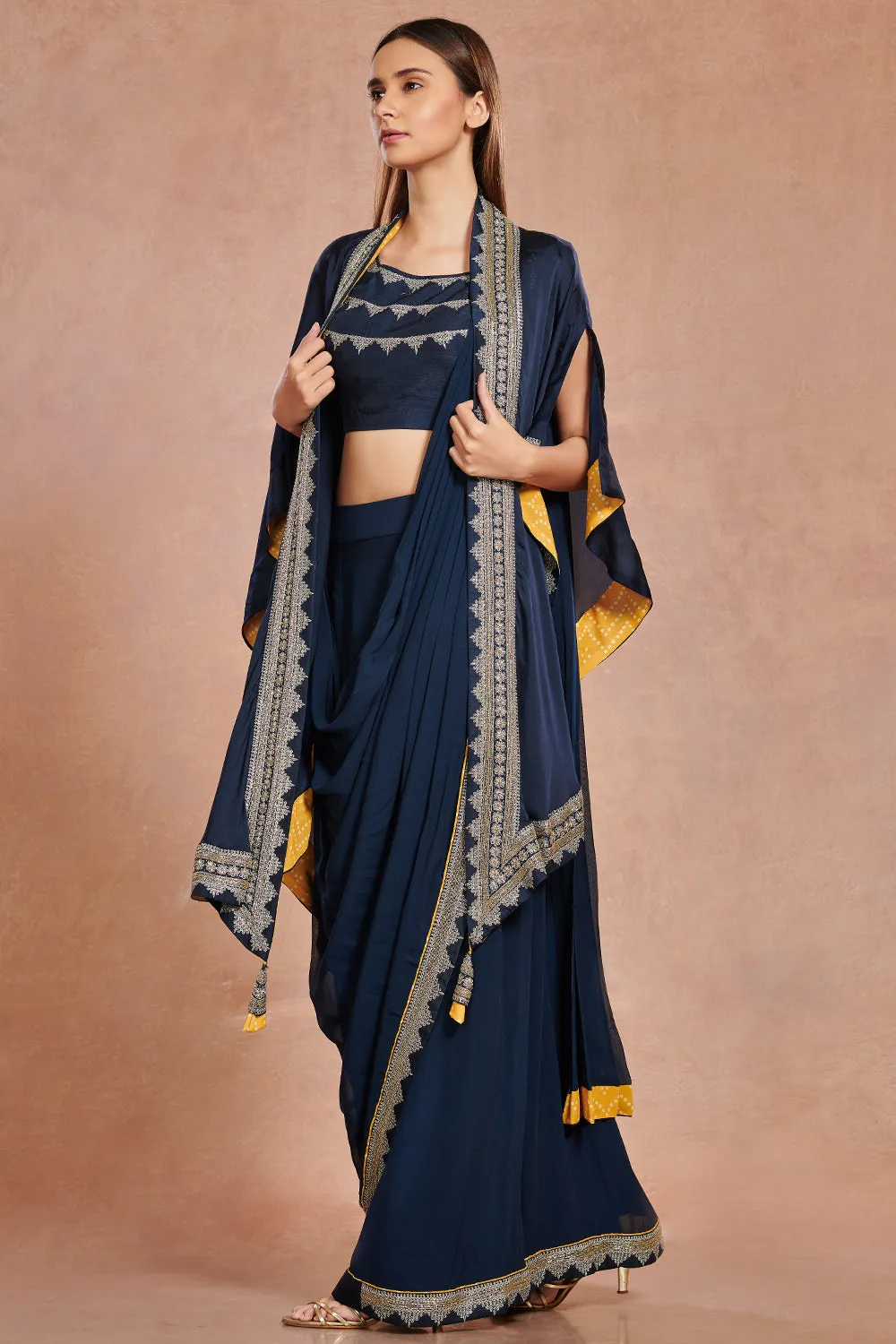 90Z953-RO Navy Blue Drape Saree Set With Slit Sleeved Jacket