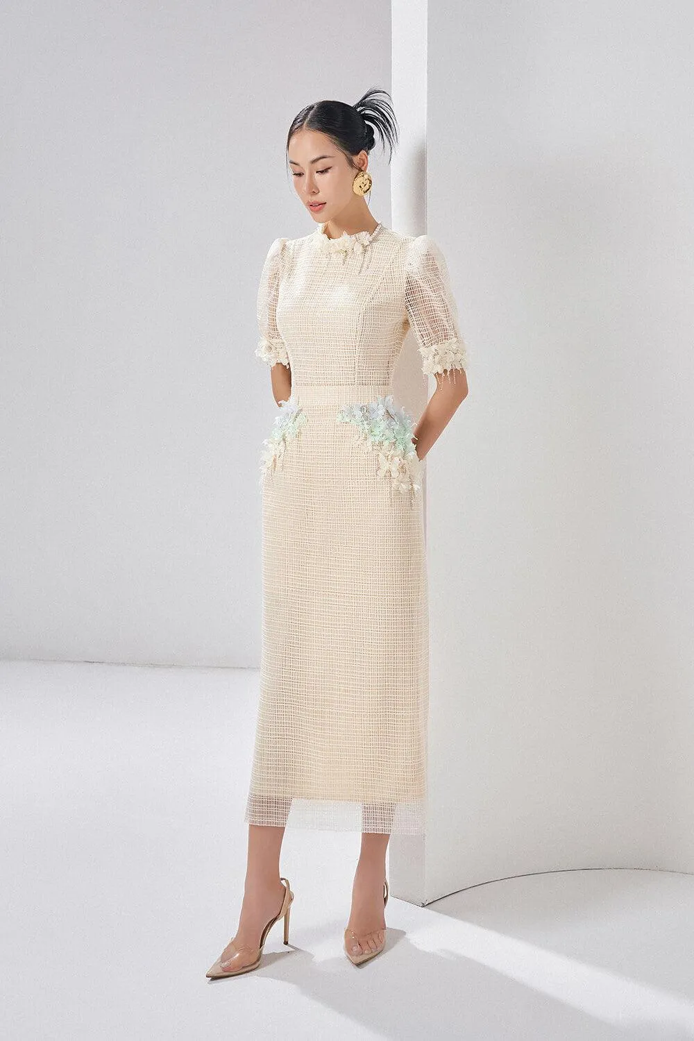 Alaina Straight Short Sleeved Mesh Lace Midi Dress