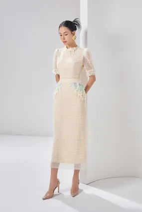 Alaina Straight Short Sleeved Mesh Lace Midi Dress