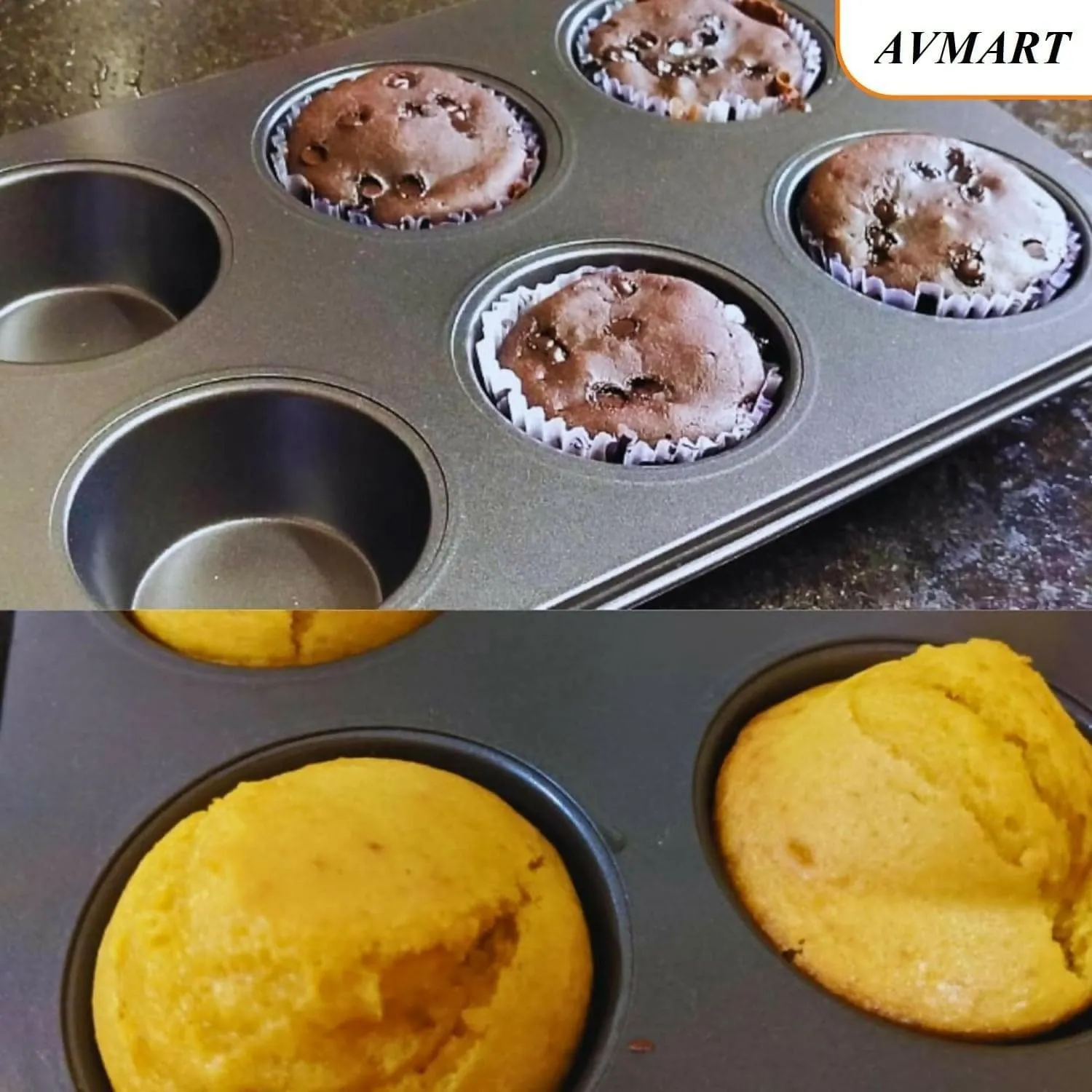 AV MART Carbon Steel Muffin Tray with 100 Muffin Liners- Versatile Bakeware for 6 Muffins- Black, OTG, Microwave & Dishwasher Safe- Premium Cupcake Tray