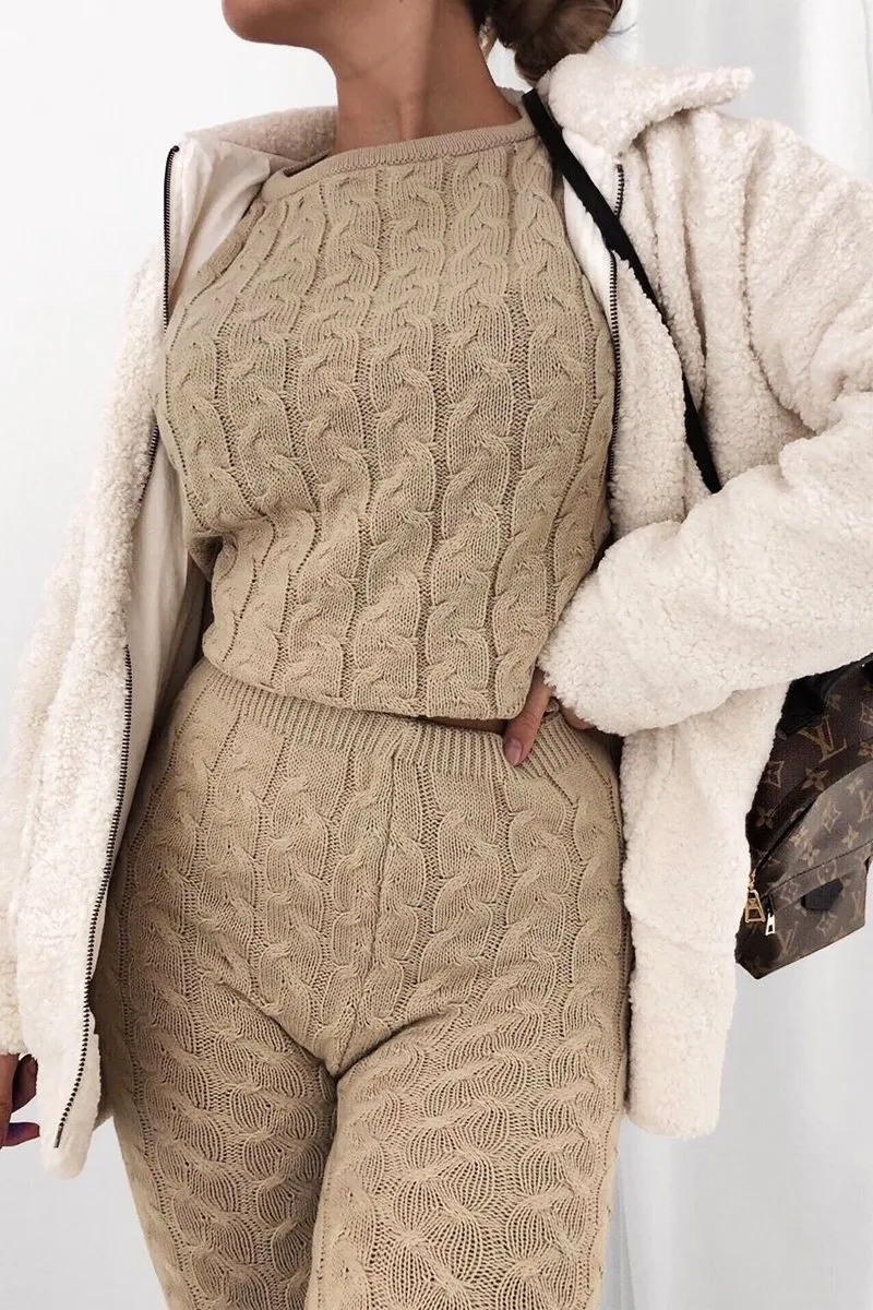 Beige Cable Knit Sweater and Leggings Loungewear Co-ord - Ionia