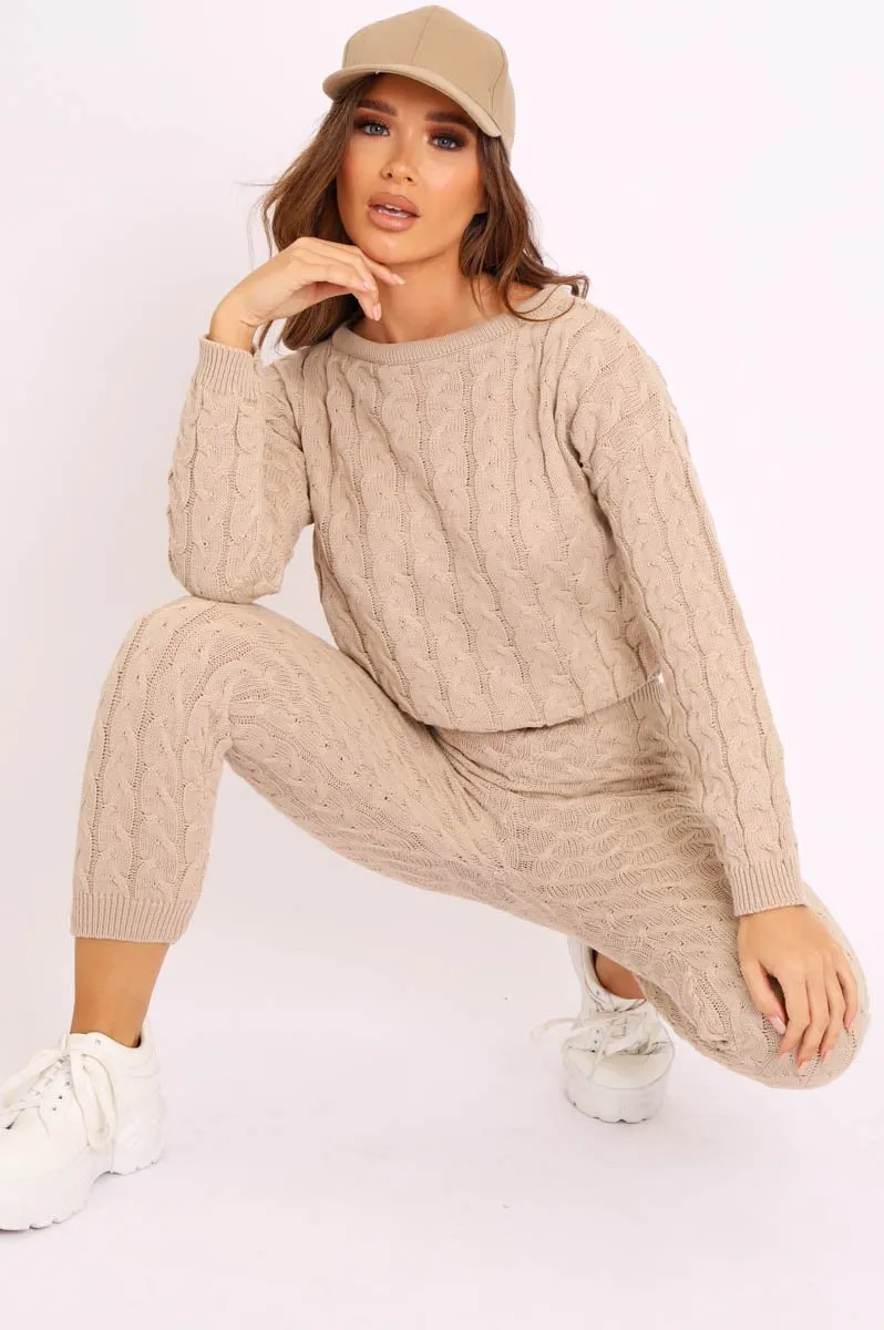 Beige Cable Knit Sweater and Leggings Loungewear Co-ord - Ionia