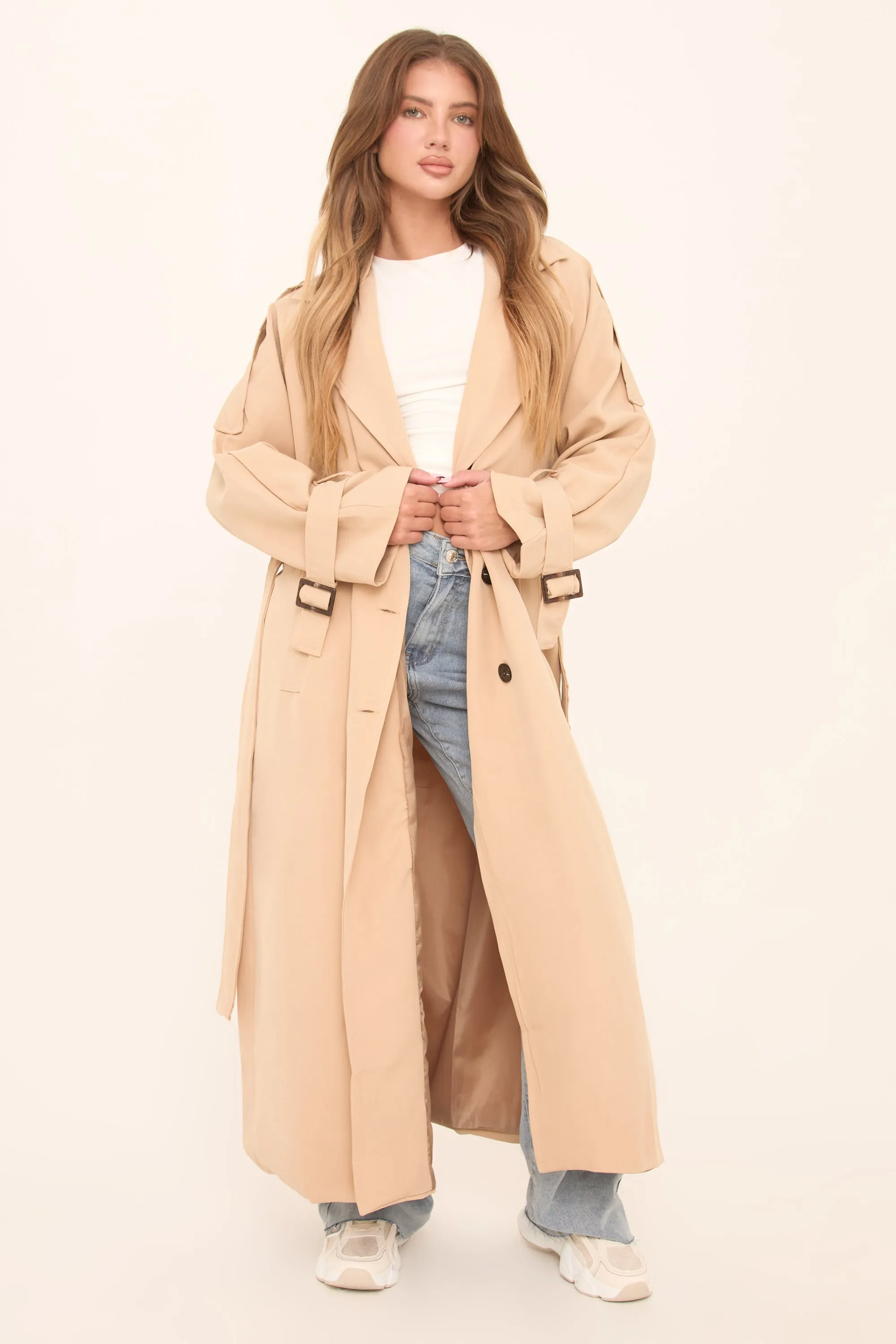 Beige Double Breasted Tie Sleeve Longline Oversized Trench Coat - Annmarie