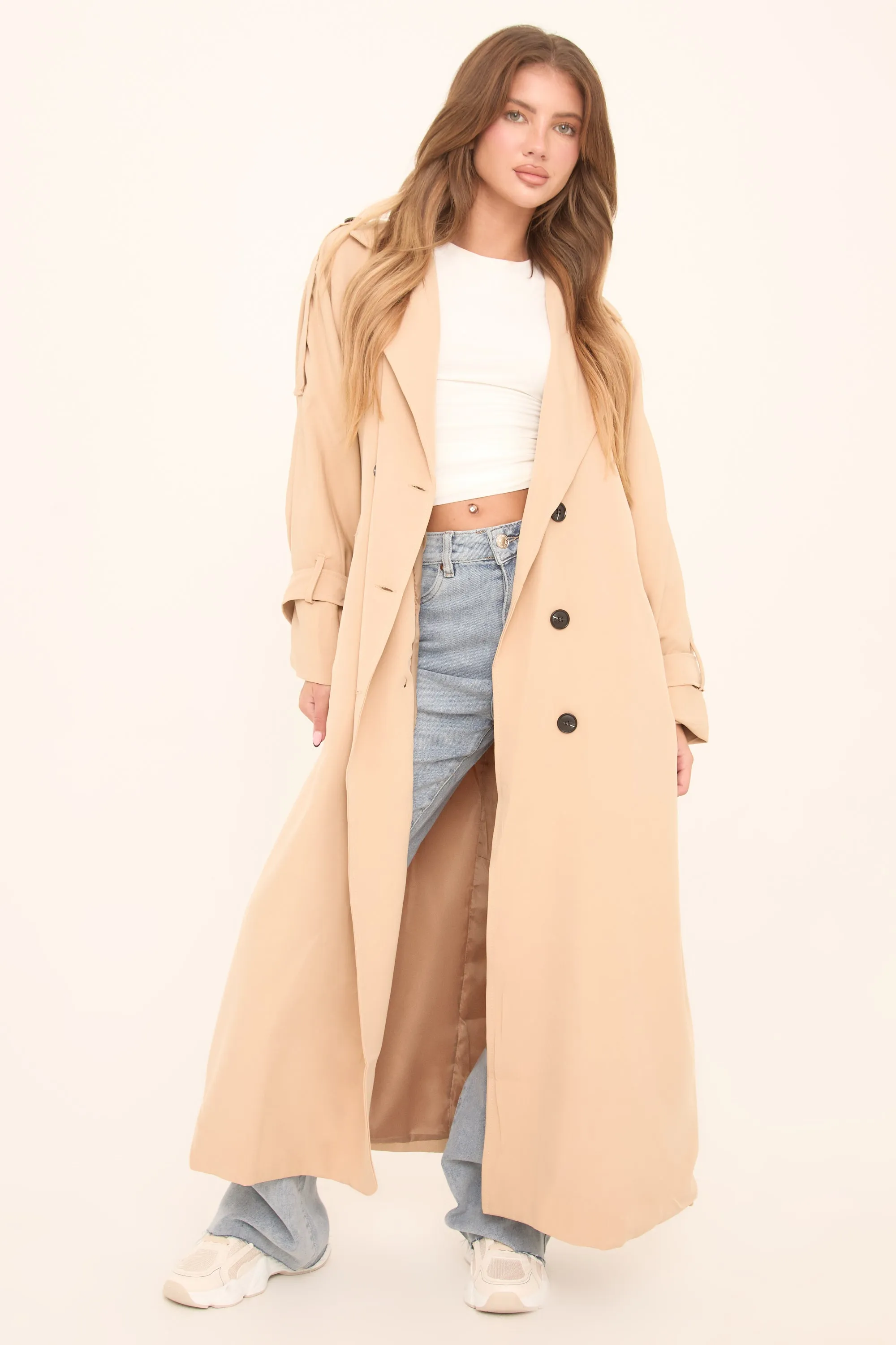 Beige Double Breasted Tie Sleeve Longline Oversized Trench Coat - Annmarie