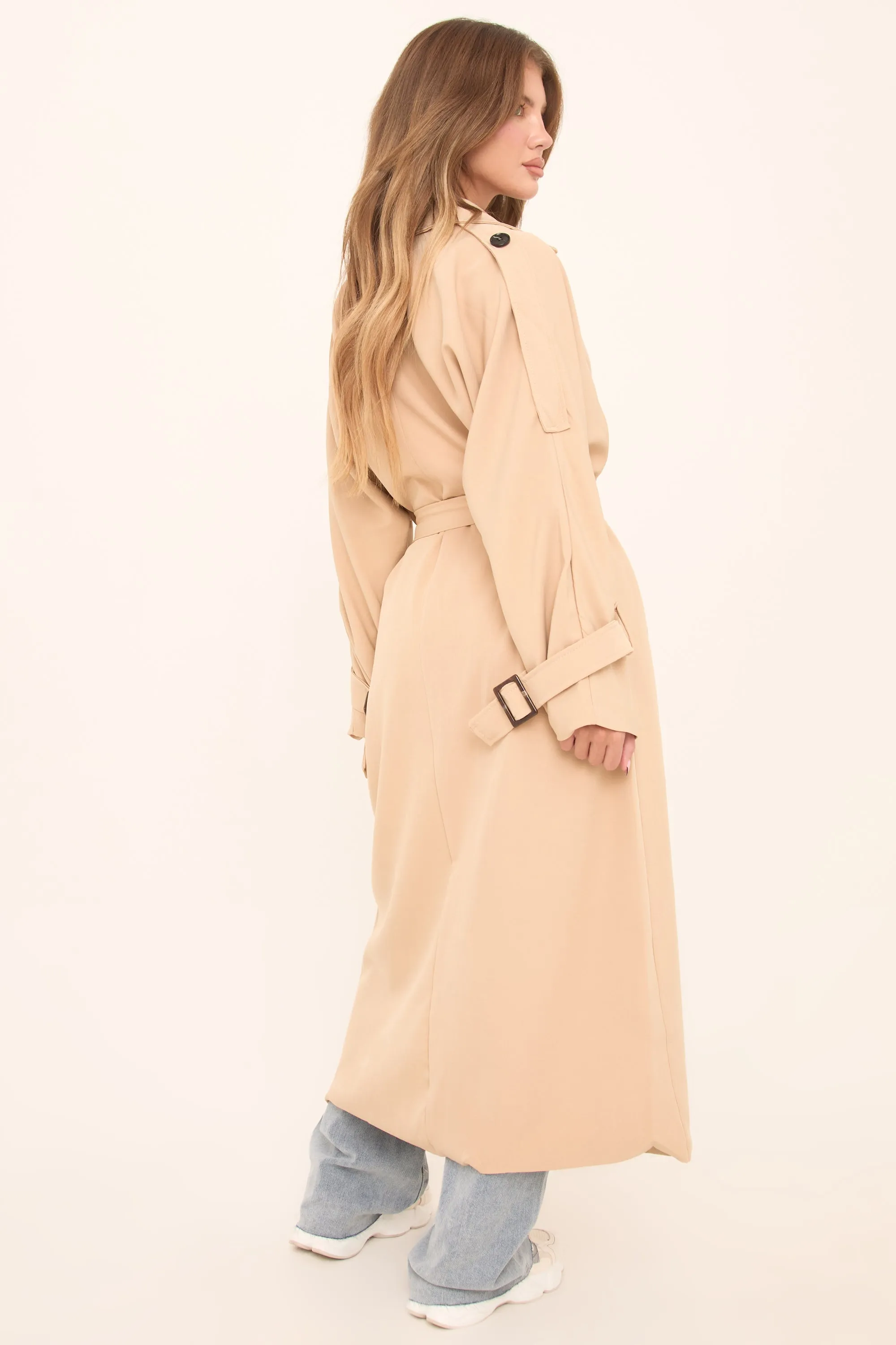 Beige Double Breasted Tie Sleeve Longline Oversized Trench Coat - Annmarie