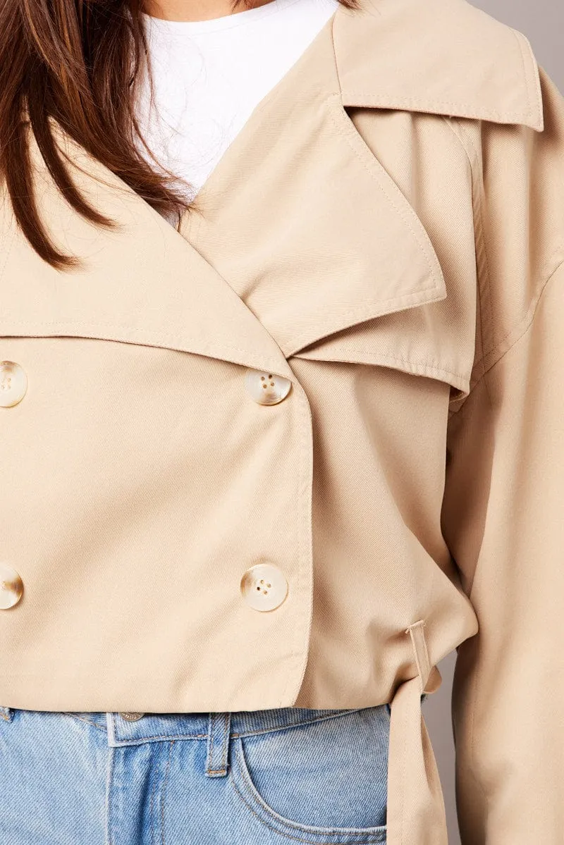 Beige Short Trench Coat Long Sleeve