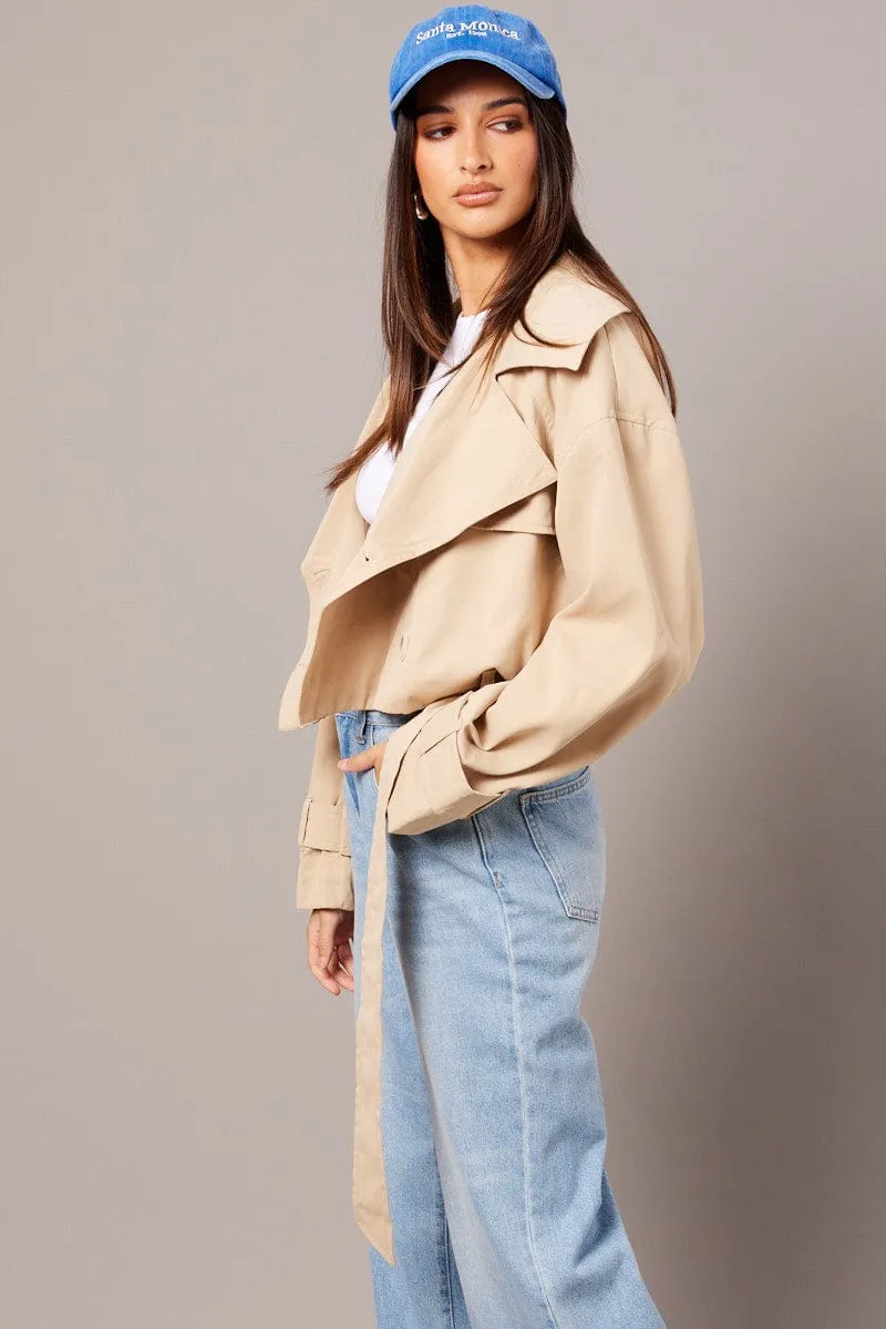 Beige Short Trench Coat Long Sleeve