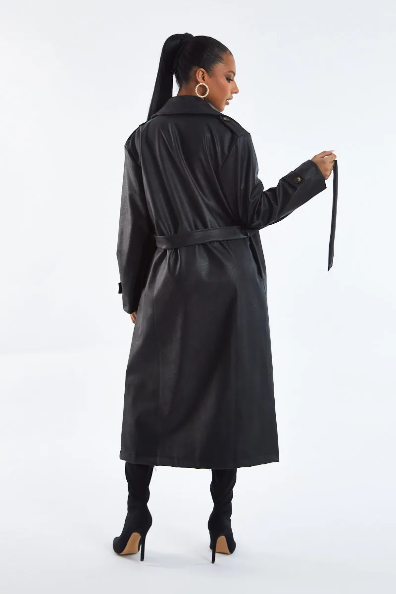 Black Faux Leather Oversized Double Breasted Trench Coat- Xia