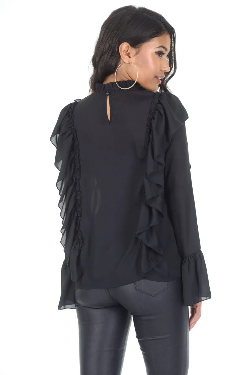 Black Frill Long Sleeved Top