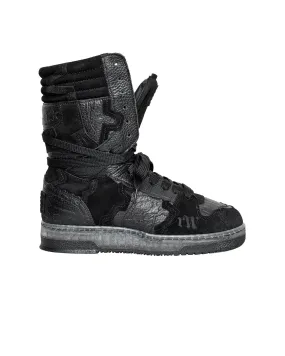 Sleek Black High-Top Eroded Racer Sneakers