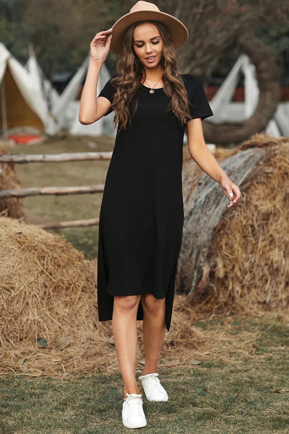 Black High Splits T-Shirt Midi Dress