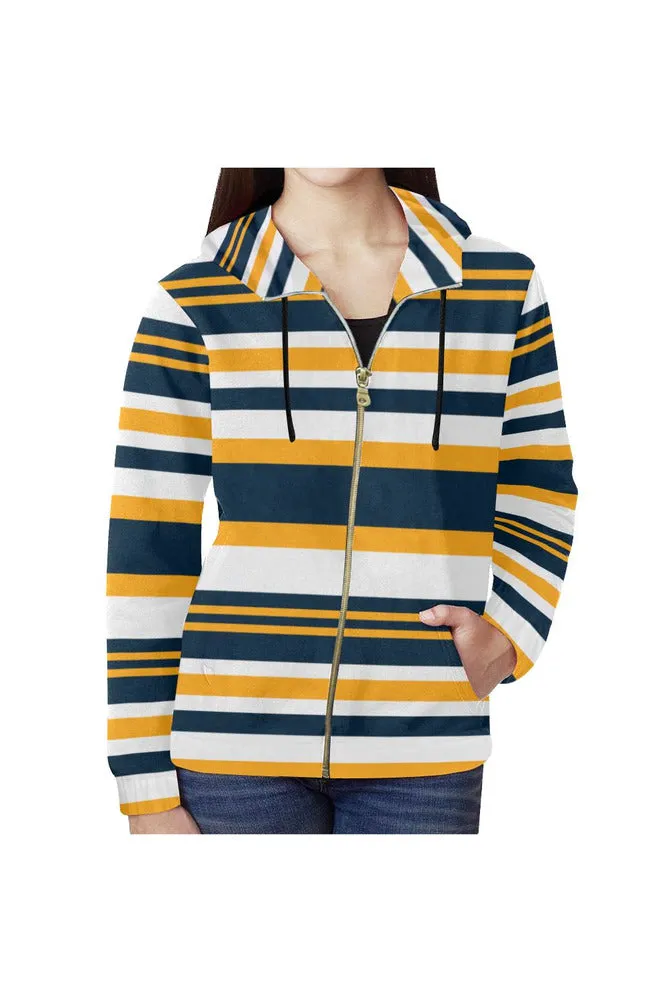 Blue & Gold All Over Print Full Zip Hoodie for Women (Model H14)