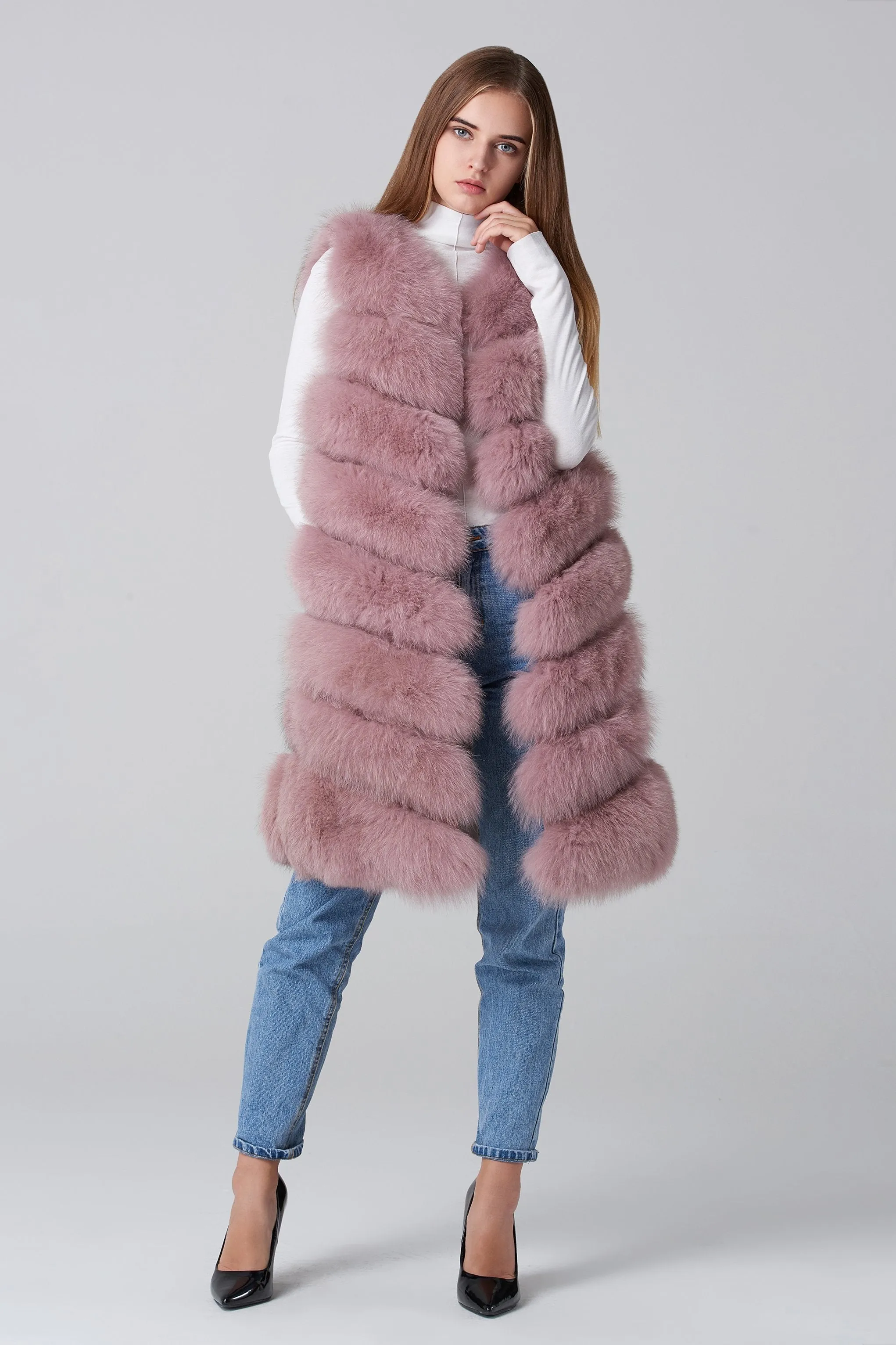 Blush Pink Square Knee Length Fox Fur Coat