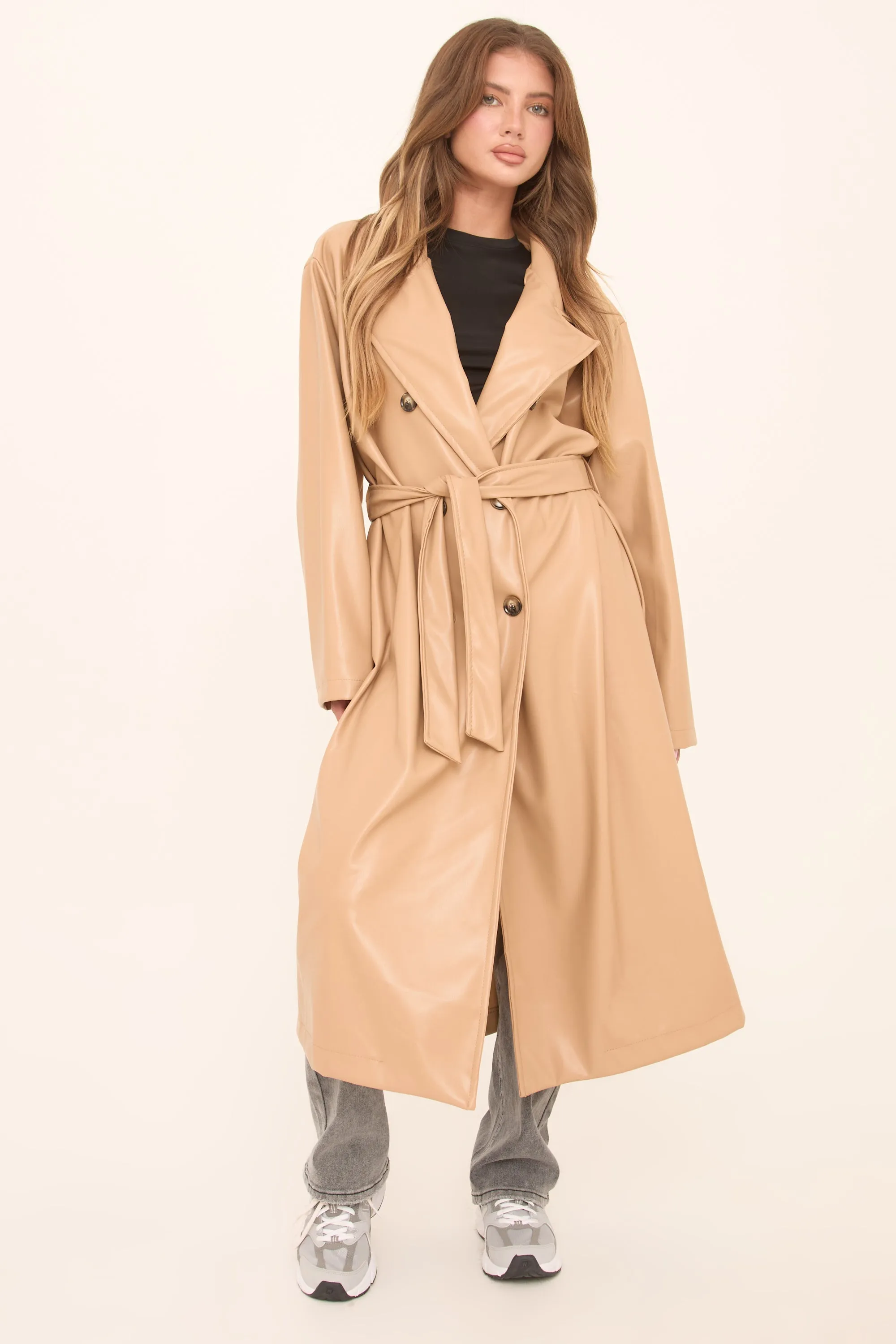 Camel Faux Leather Double Breasted Oversized Longline Trench Coat - Ethel