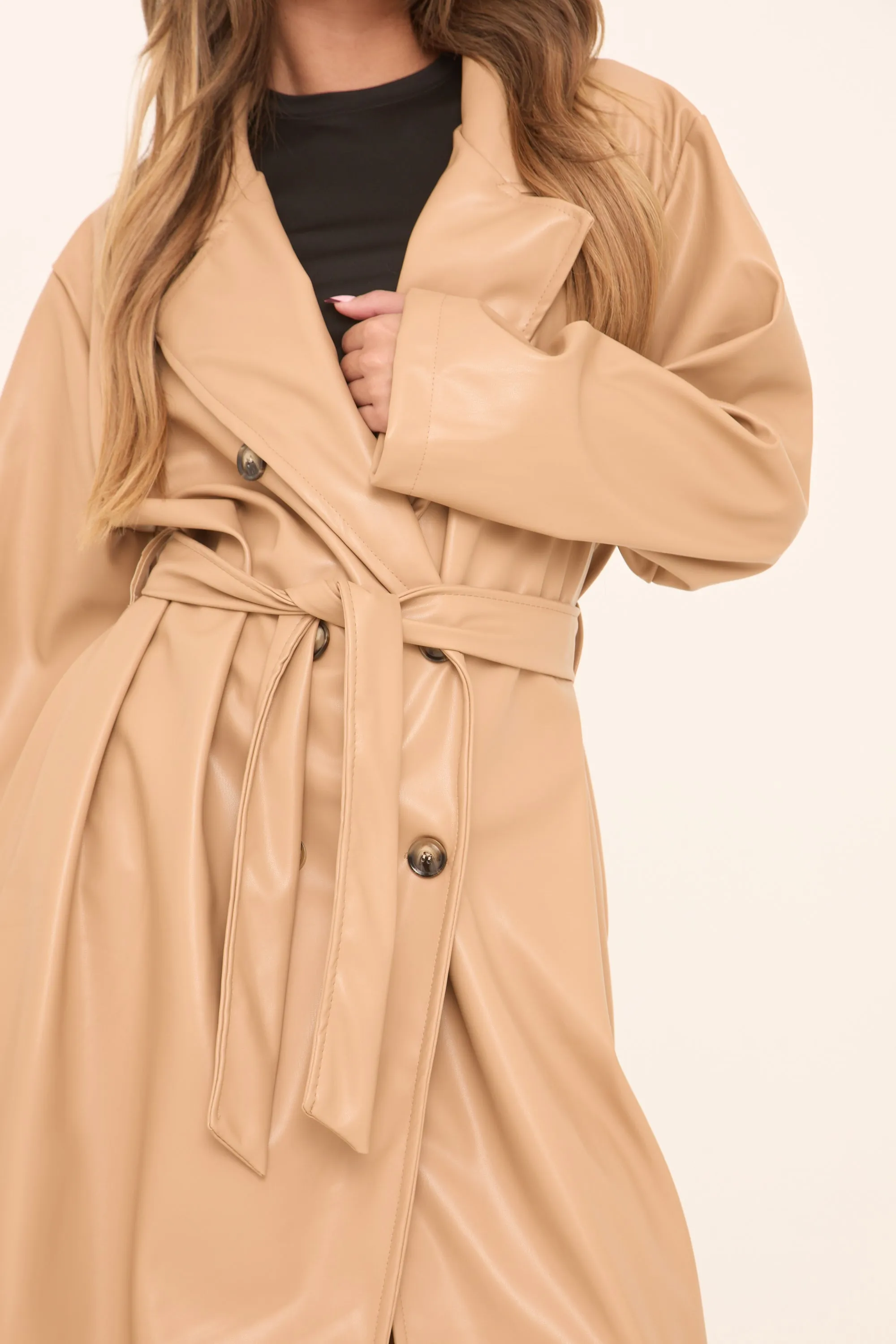 Camel Faux Leather Double Breasted Oversized Longline Trench Coat - Ethel