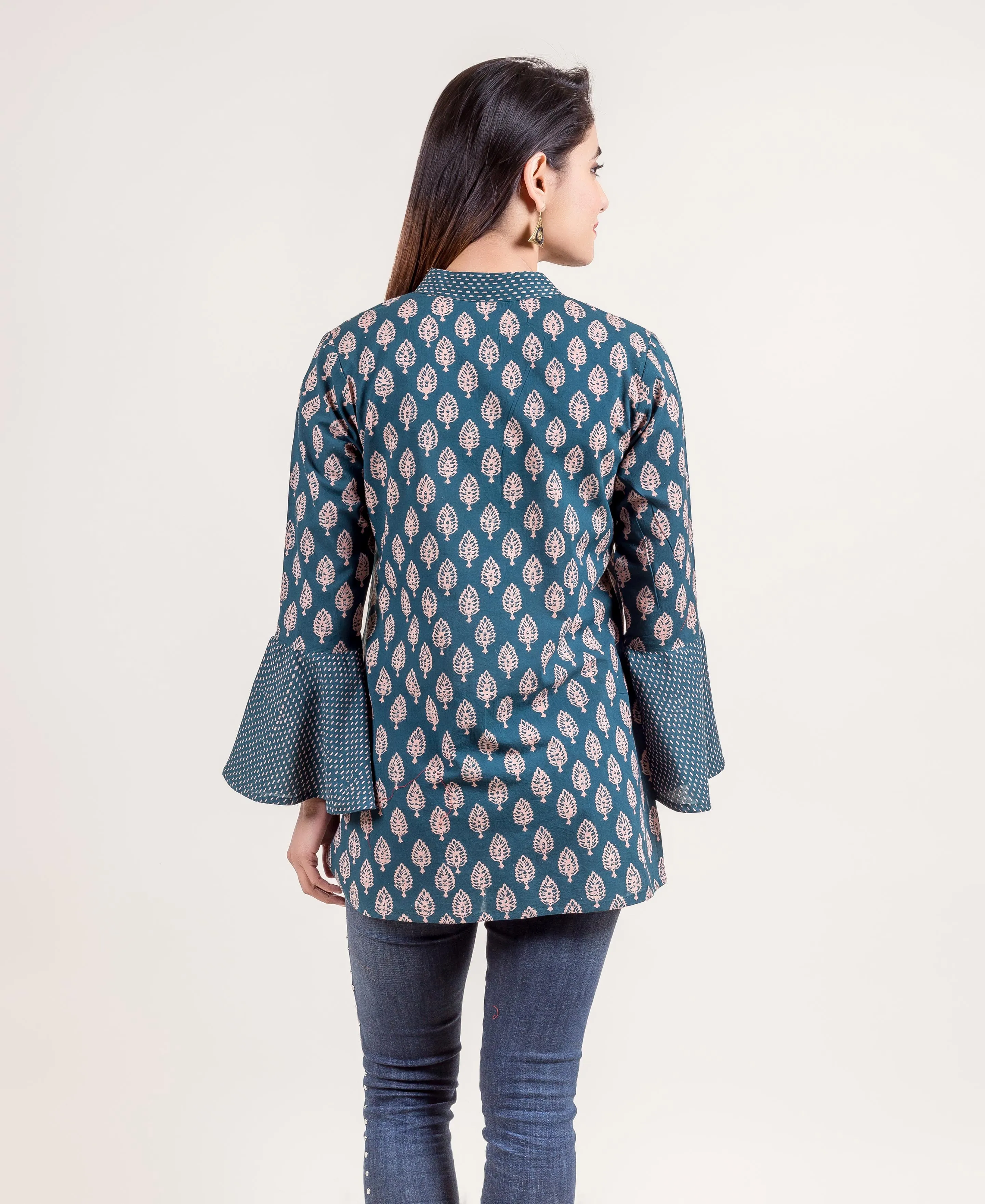 Ensemble Accomplishment Hand Block Printed Bell Sleeved Short Kurti