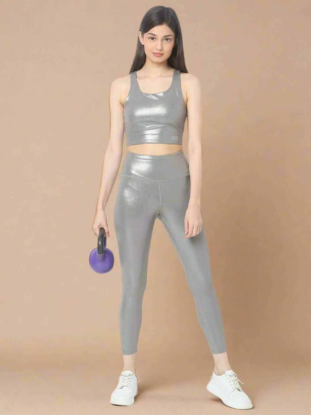 Gloss Shiny Grey High Impact Action Bra and Ath Track Leggings