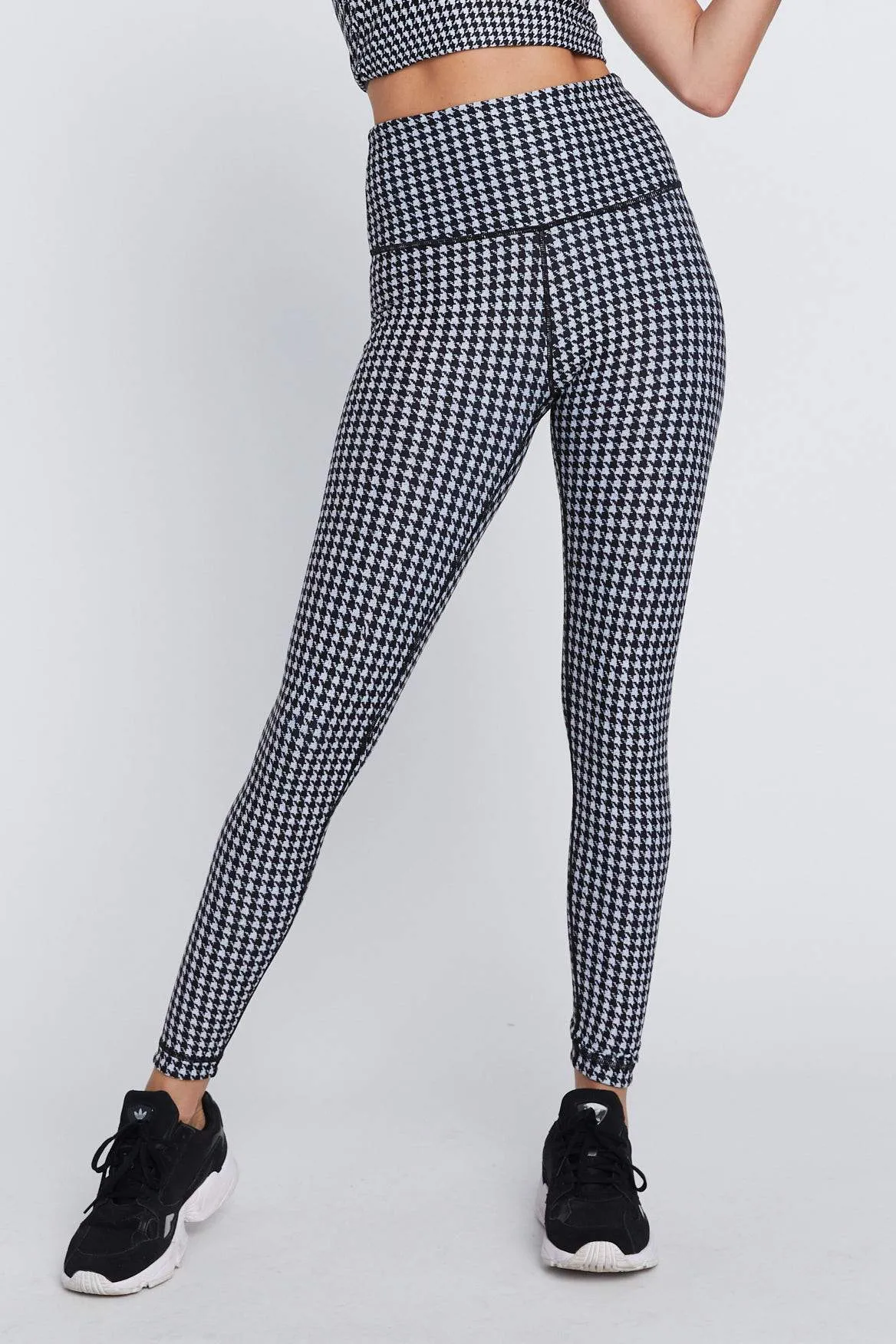 High Waist Reversible Leggings Black And White Houndstooth - Black Cheetah