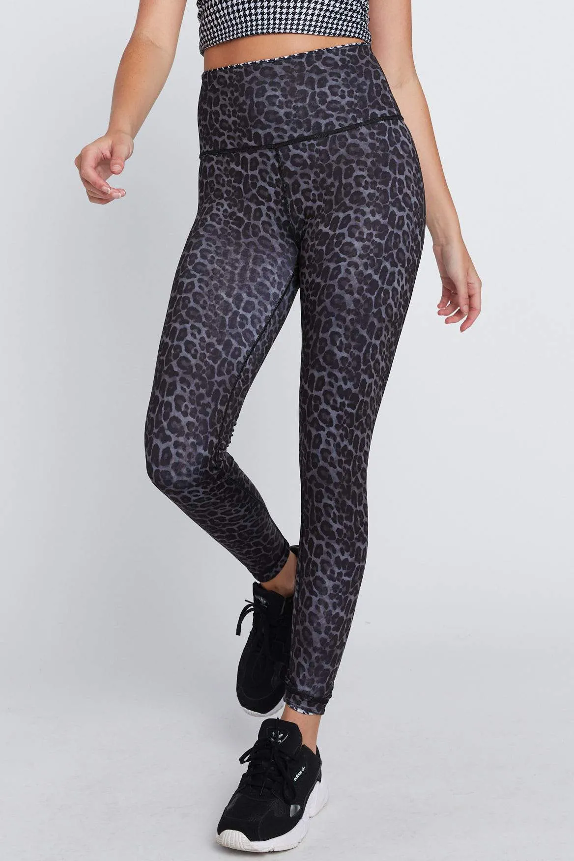 High Waist Reversible Leggings Black And White Houndstooth - Black Cheetah