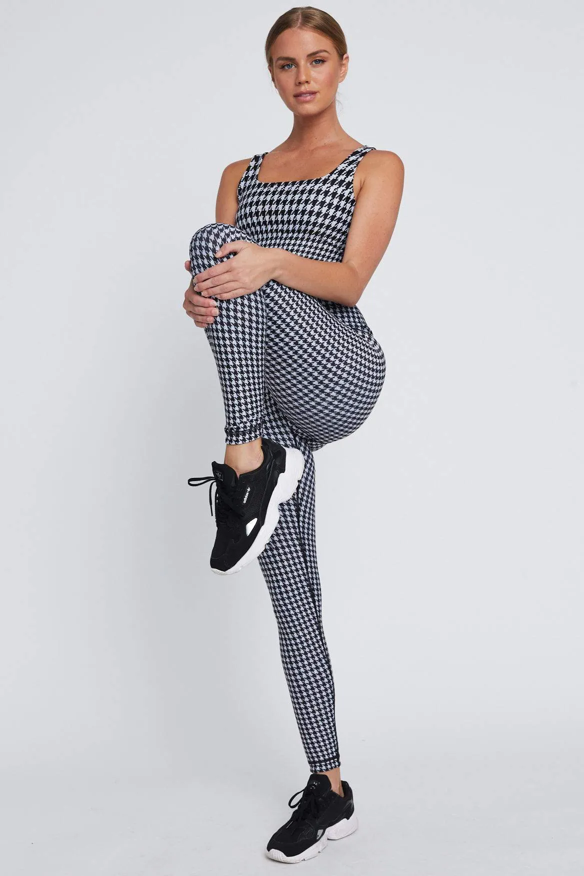 High Waist Reversible Leggings Black And White Houndstooth - Black Cheetah