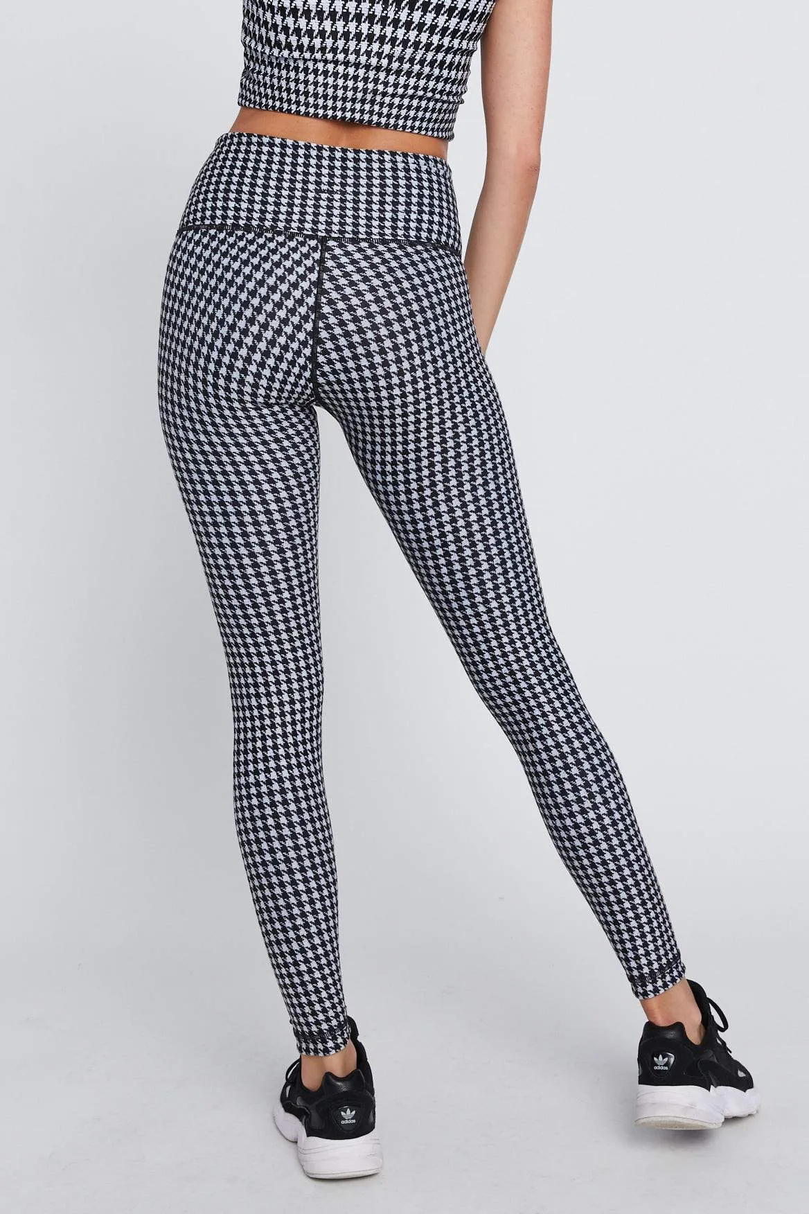 High Waist Reversible Leggings Black And White Houndstooth - Black Cheetah