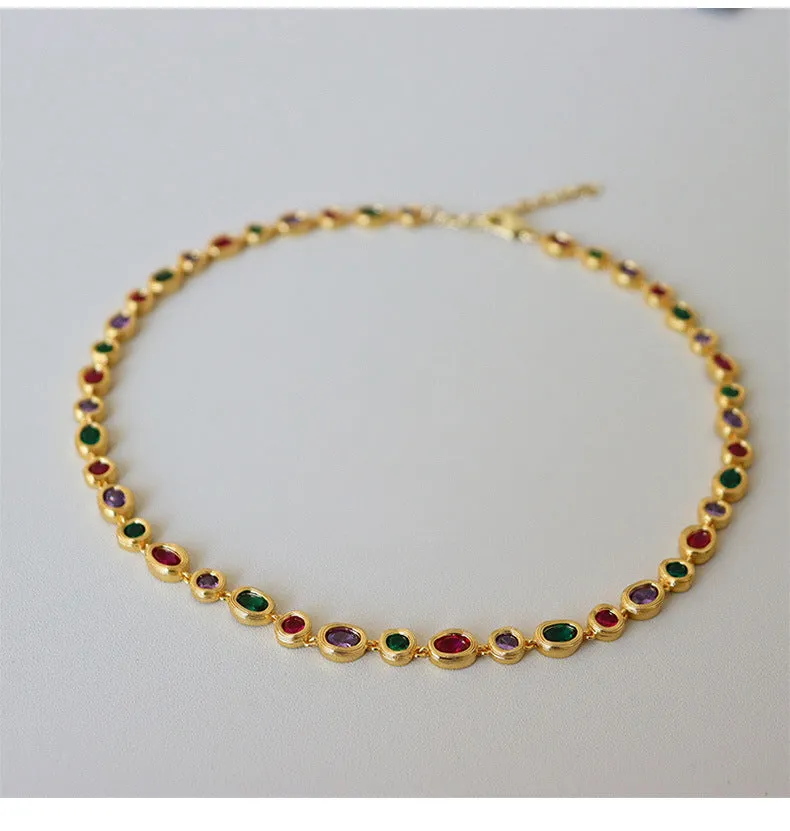 Light luxury fashionable colorful zircon necklace for women versatile personalized retro niche bracelet set