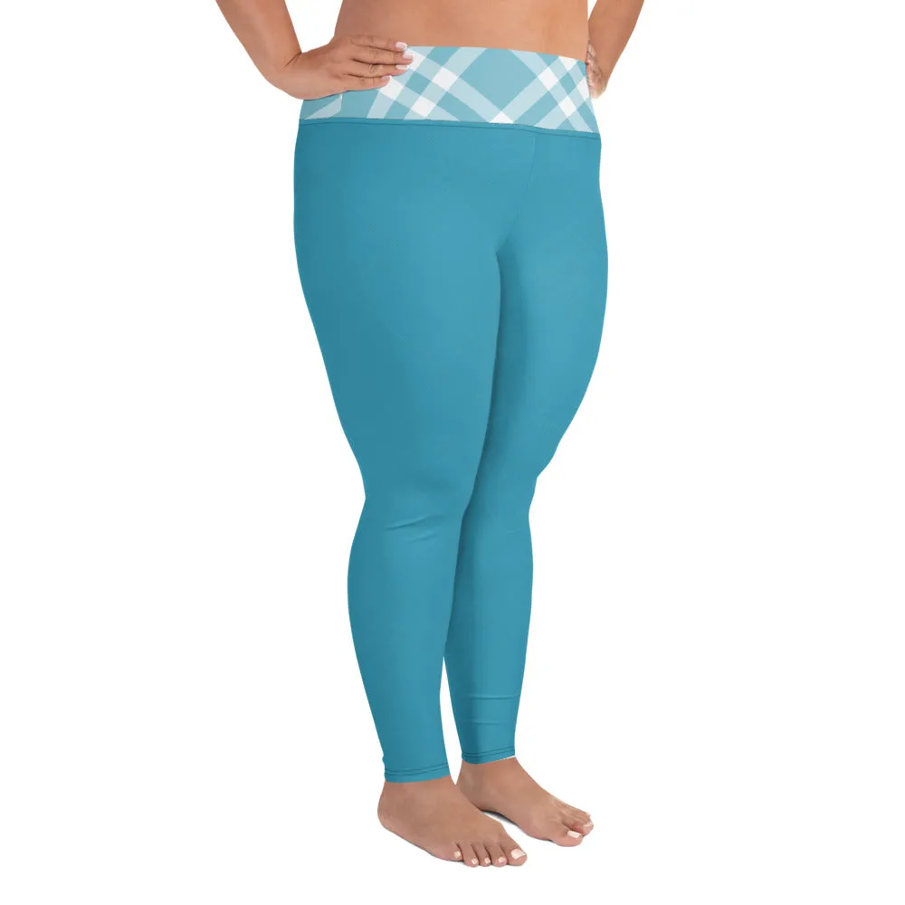 Plus Size Leggings Teal Blue and White Gingham