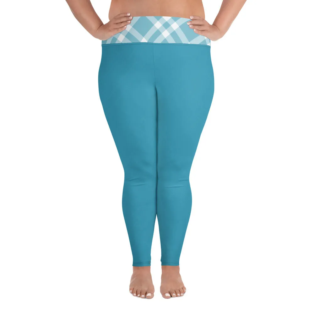 Plus Size Leggings Teal Blue and White Gingham