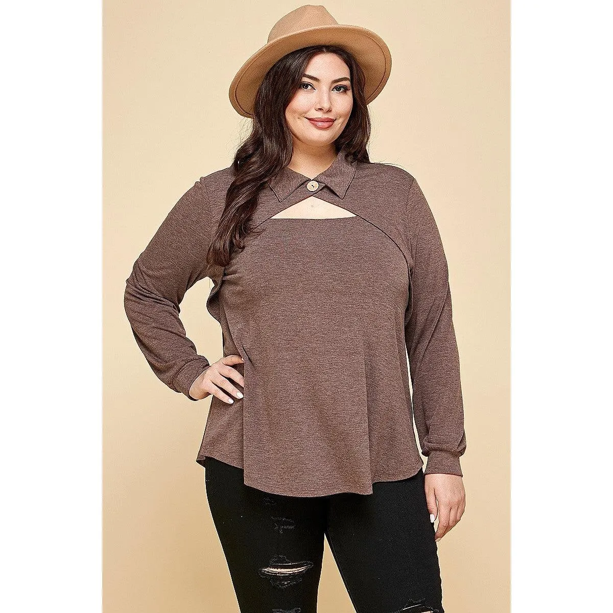 Plus Size Solid Long Sleeve Fashion Top