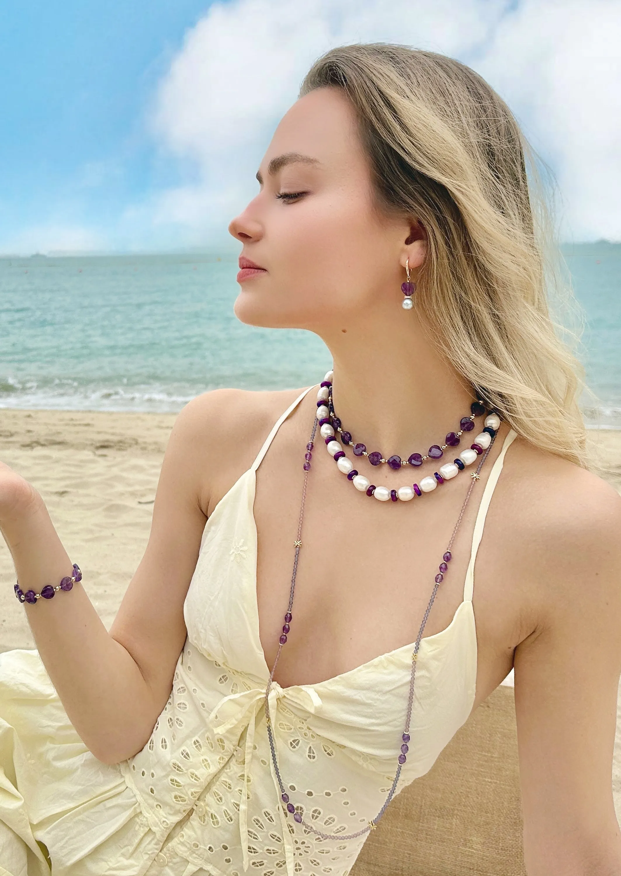 Purple Gemstone Color Matching versatile Long Necklace LN019