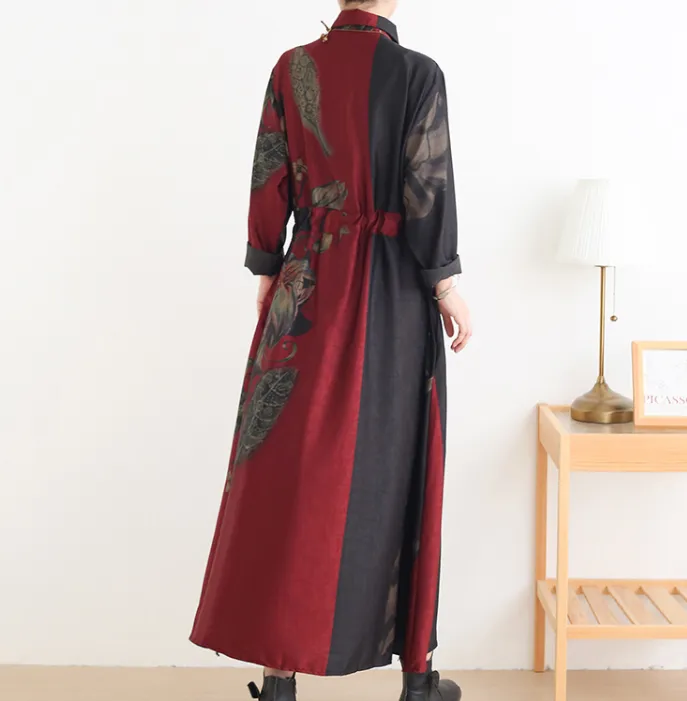 Red Loose Fall Floral Women Coat Long Sleeve Women Linen Trench Coat S90921