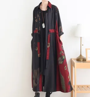 Red Loose Fall Floral Women Coat Long Sleeve Women Linen Trench Coat S90921