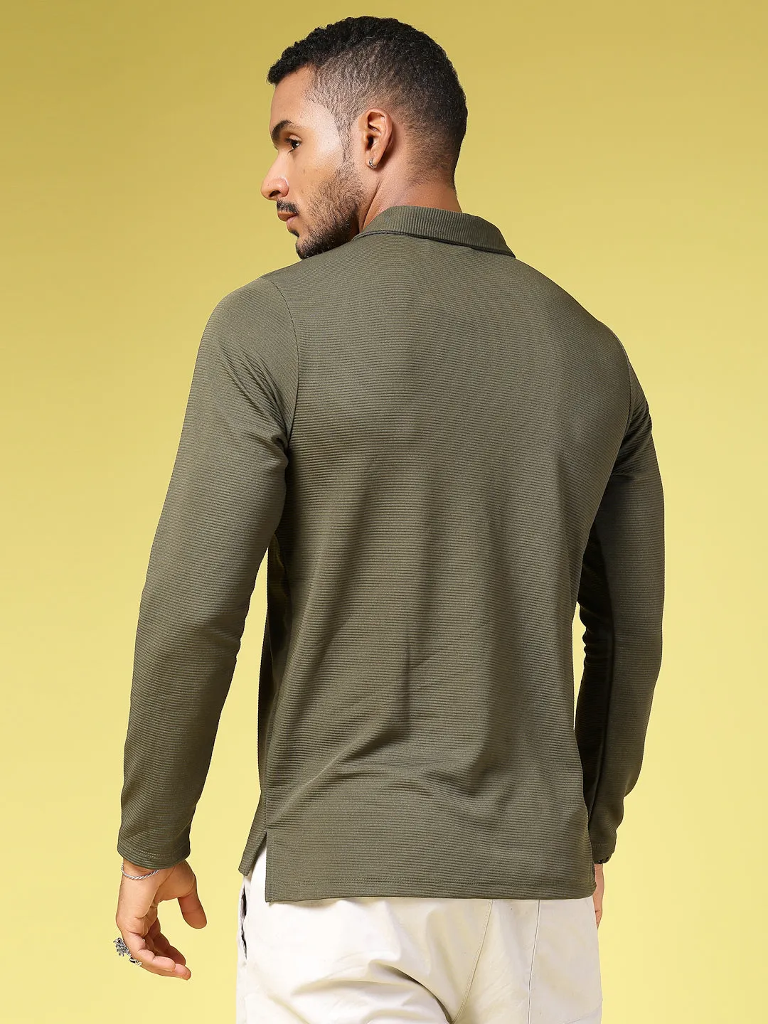 Solid Textured High Neck Zipper T-Shirt