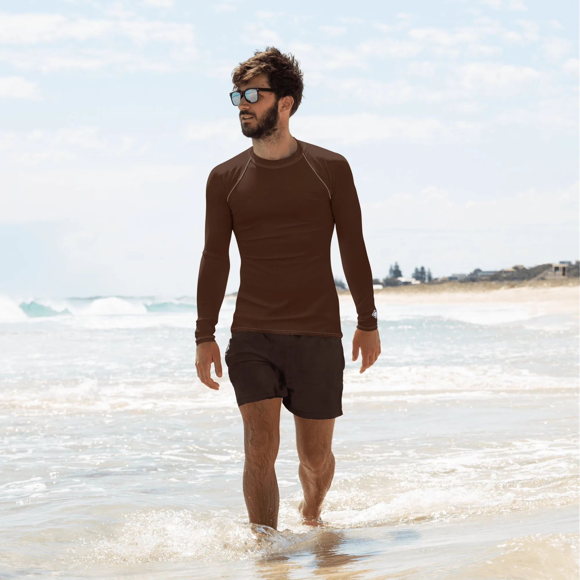 Versatile Vibes: Men's Solid Color Long Sleeve Rash Guard - Chocolate