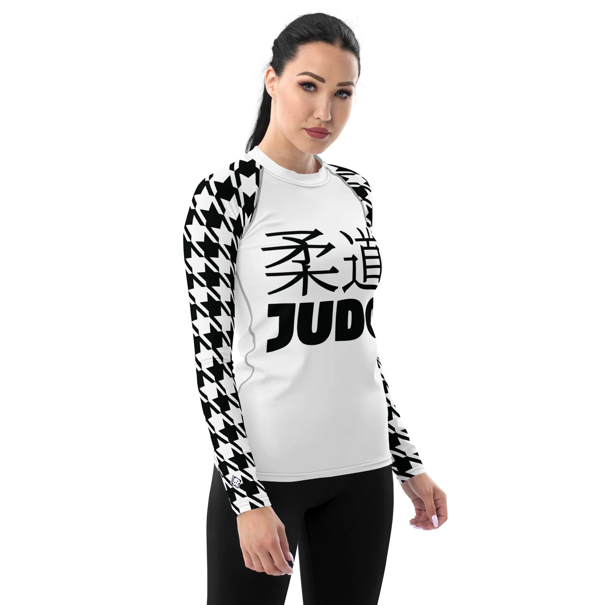 Versatile Vigor: Women's Houndstooth Classic Judo Rash Guard for BJJ Blanc