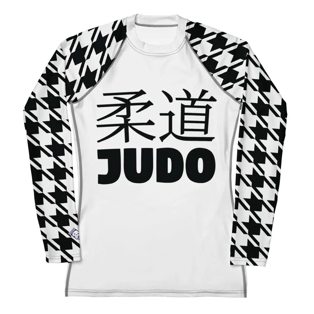 Versatile Vigor: Women's Houndstooth Classic Judo Rash Guard for BJJ Blanc