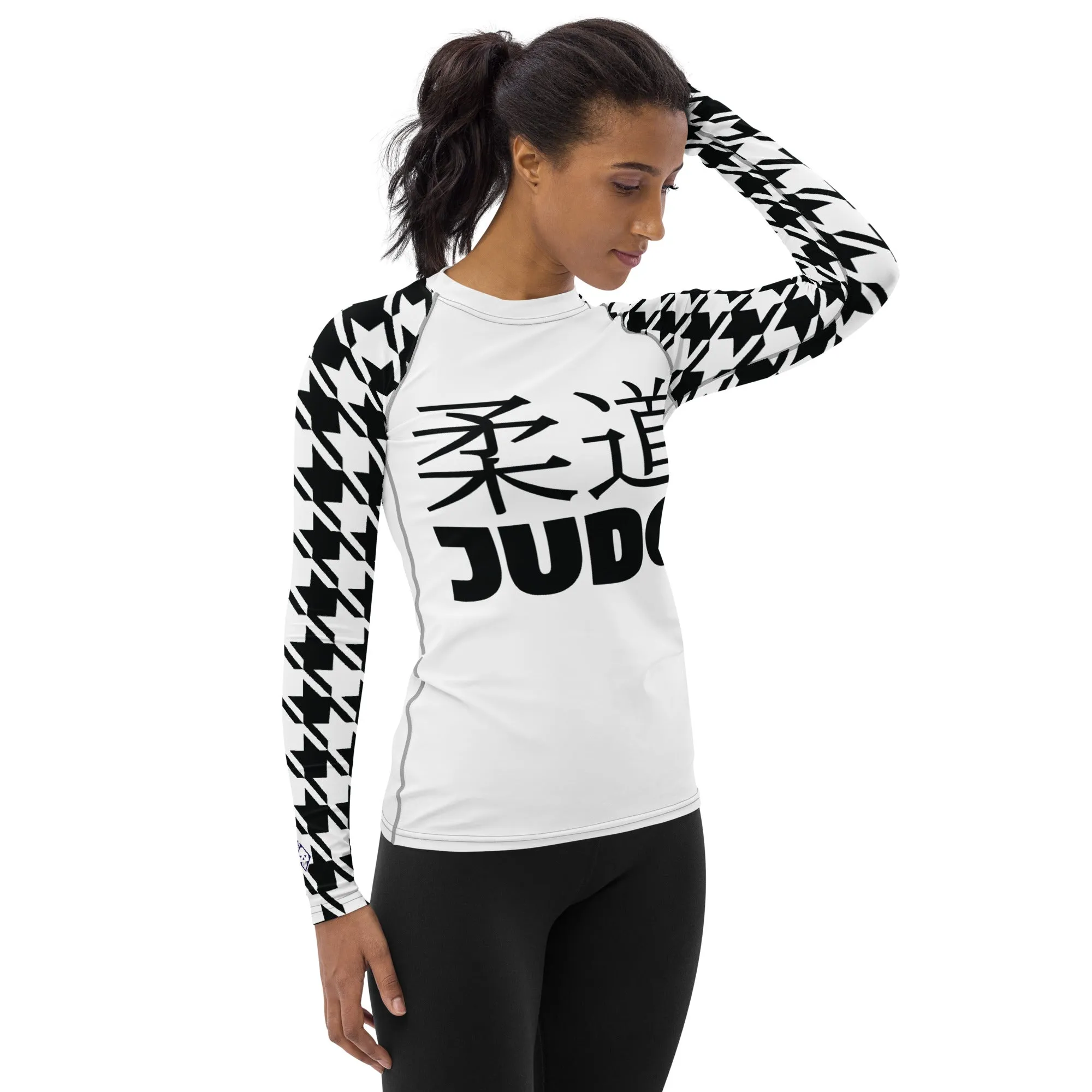 Versatile Vigor: Women's Houndstooth Classic Judo Rash Guard for BJJ Blanc