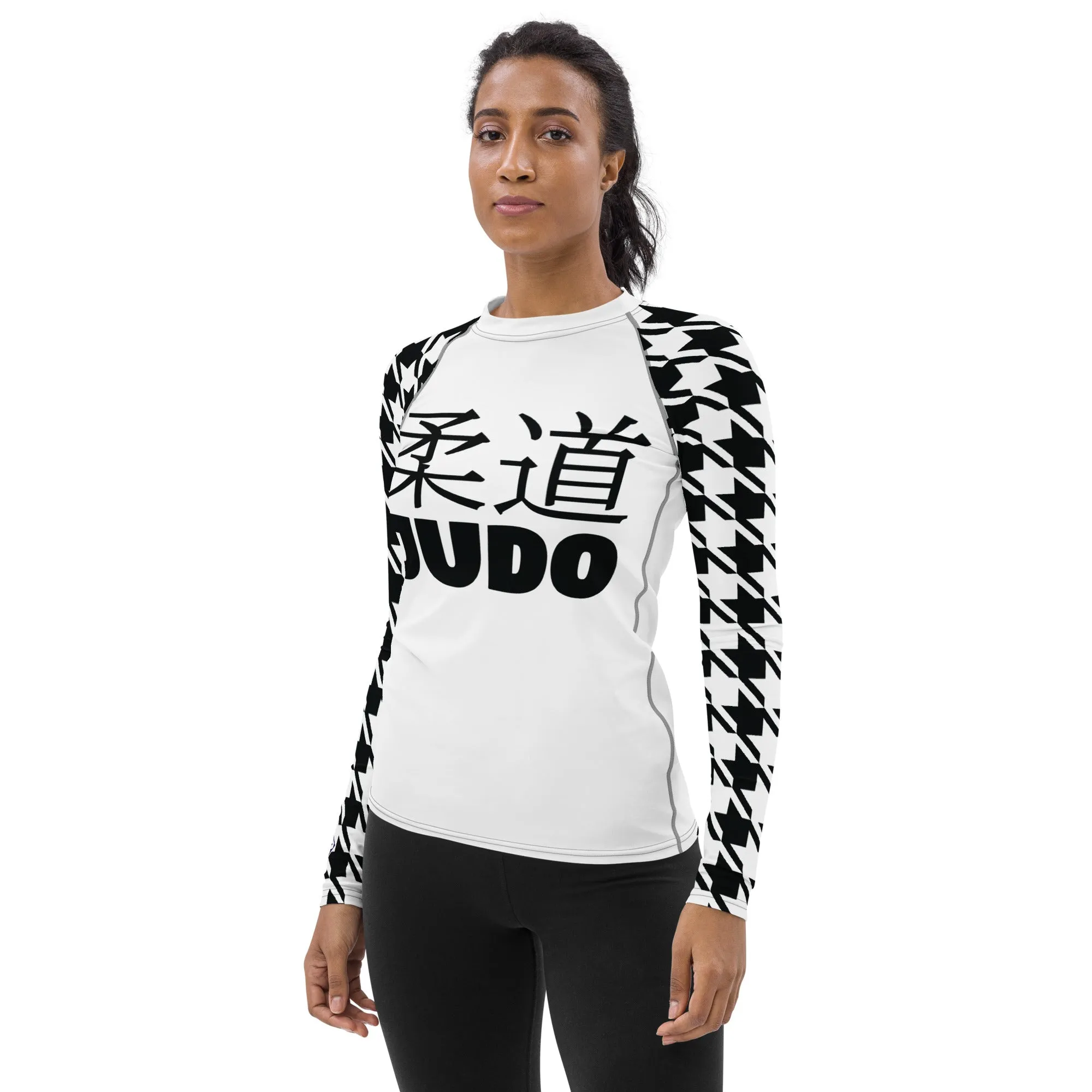 Versatile Vigor: Women's Houndstooth Classic Judo Rash Guard for BJJ Blanc