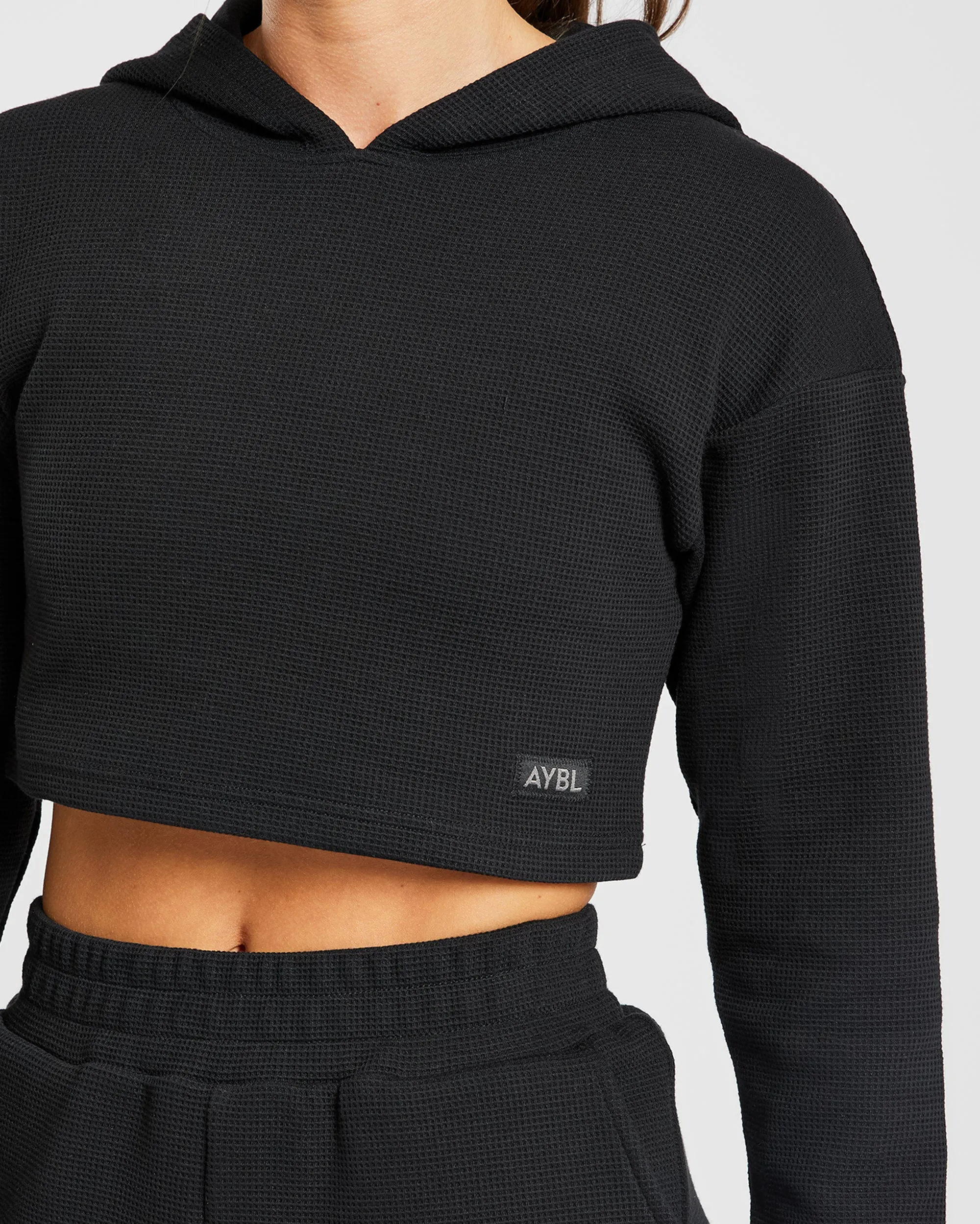 Waffle Crop Hoodie - Black