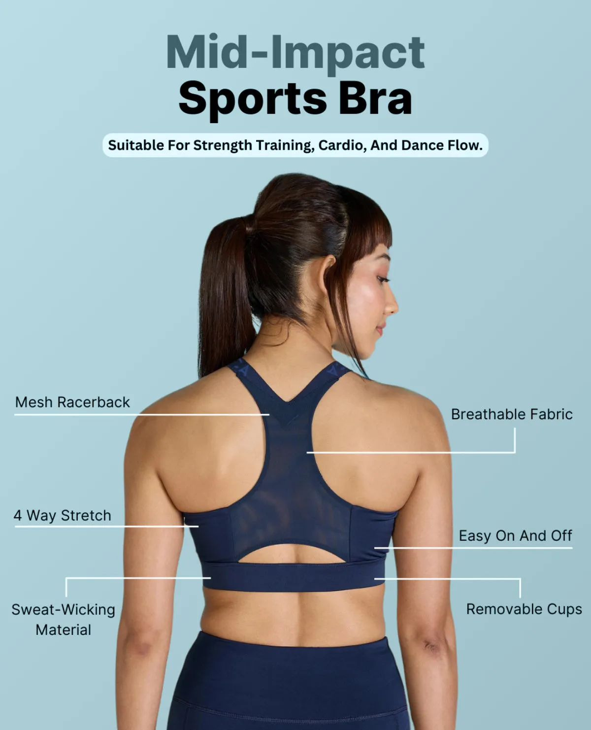 Women Mid Impact Zip Sports Bra with Removable Pads