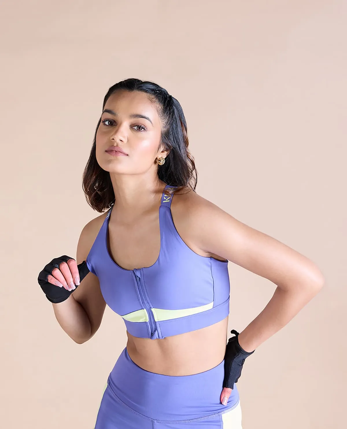 Women Mid Impact Zip Sports Bra with Removable Pads