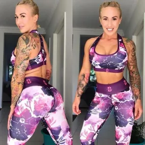 Women's Gradient-Floral Print Leggings and Sports Bra Set