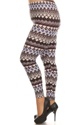 Women's Plus Lozenge Pattern and Stripe Print Leggings - Grey Blue